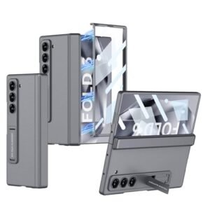 Gaffar India Magnetic Leather Case Compatible With Samsung Galaxy Z Fold 6 Release 2024 With Hinge Protection Front Glass Case Kickstand Camera Protection Grey Featured