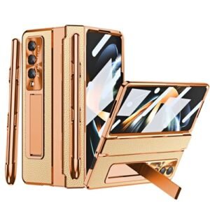 For Samsung Galaxy Z Fold 4 Case With S Pen Pastable Pen Holder One Piece Design Z Fold 4 Case With Hinge Protection Built In Screen Protector Luxury Leather Slim Case For Z Fold 4 Gold Featured