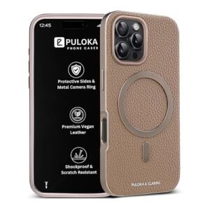 Puloka Magfit Mobile Back Cover Compatible With Iphone 16 Pro Max Mag Safe Design Textured Vegan Leather Electroplated Sides Bumper Case Camera Protetection Raised Edges Apricot Featured
