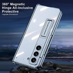 Puroom For Samsung Galaxy Z Fold 5 Case Magnetic Hinge Coverage Protection Ultra Thin Transparent Plating Crystal Built In Kickstand Front Glass All Inclusive Case Clear Blue Featured