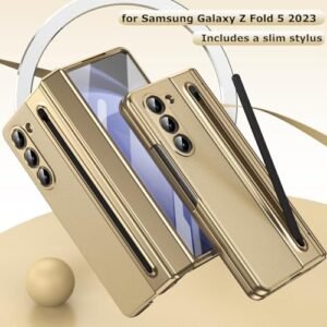 For Samsung Galaxy Z Fold 5 Case With S Pen Holder Slim Stylus Premium Leather Z Fold 5 Pen Holder Case With Hinge Protection Full Coverage Screen Protector Slim Case For Z Fold 5 Gold Featured