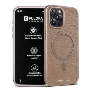 Puloka Magfit Mobile Back Cover Compatible With Iphone 15 Pro Mag Safe Design Textured Vegan Leather Electroplated Sides Bumper Case Camera Protetection Raised Edges Apricot Featured