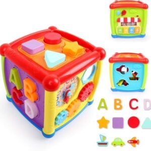 6 In 1 Learning Cube Educational Learning Activity Toy Including Blocks Clock Alphabets Treetransportation Vehiclesmusic Keyboard Mirror For Kids Multicolor Featured