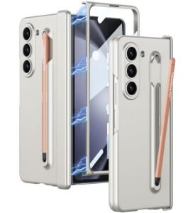 Case Cover With Magnetic Hinge Cover Front Glass Protector Pen Free For Samsung Galaxy Z Fold5 Galaxy Fold 5 Case Cover Cream Polycarbonate Gold Featured