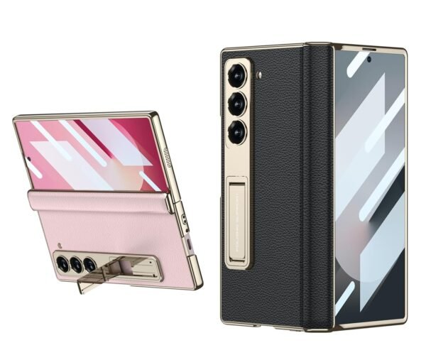 Vegan Leather Electroplated Back Case Cover With Front Glass Magnetic Hinge Cover Kickstand For Samsung Galaxy Z Fold6 Galaxy Fold 6 Case Cover Gallery 5