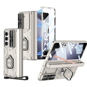 Armour Style Metal Kickstand Camera Protector Pen Holder Hinge Cover Case For Samsung Galaxy Z Fold5 Galaxy Fold 5 Case Cover Cream Polycarbonate Featured