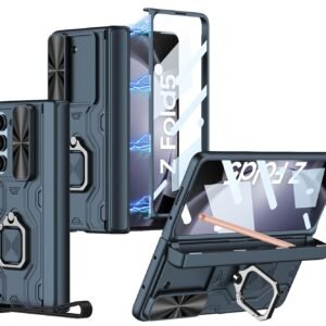 Armour Style Metal Kickstand Camera Protector Pen Holder Hinge Cover Case For Samsung Galaxy Z Fold5 Galaxy Fold 5 Case Cover Midnight Blue Polycarbonate Featured