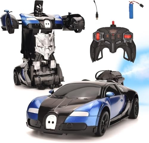 Arniyavala Remote Control Car Toytransform Robot Rc Cars With Cool Spray Rechargeable Car Toy With One Button Deformation Rotating Drifting Lights Sound For Kids Boys Blue Featured