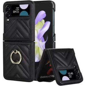 Back Cover For Samsung Galaxy Z Flip4 Flip 4 Premium Leather V Shaped Phone Case With Rotating Ring Featured