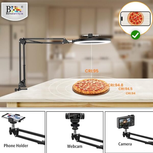 Brolaviya No Shadow Overhead Video Mobile Stand With 10inch Selfie Ring Light Metal Arm1 4 Adaptor For Camera Gopro And Mobile Bracket For Desktop Bedroom Office Gallery 2