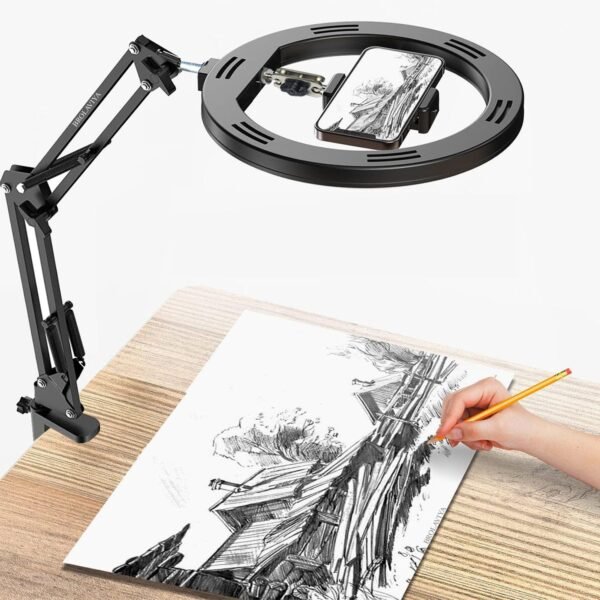 Brolaviya No Shadow Overhead Video Mobile Stand With 10inch Selfie Ring Light Metal Arm1 4 Adaptor For Camera Gopro And Mobile Bracket For Desktop Bedroom Office Gallery 7