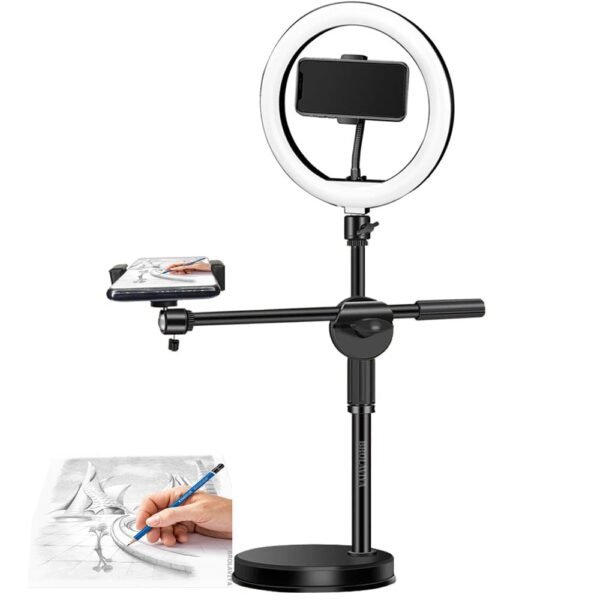 Brolaviya Overhead Video Floor Stand With 10 Inch Ring Light Metal Arm1 4 Ball Head For Camerawebcamgopro With Mobile Bracket For Youtube Desktop Bedroom Office Gallery 7