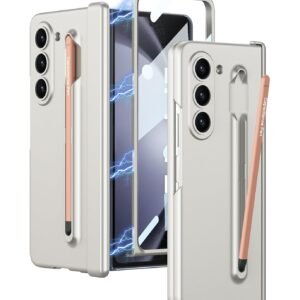 Case Cover With Magnetic Hinge Cover Front Glass Protector Pen Free For Samsung Galaxy Z Fold5 Galaxy Fold 5 Case Cover Cream Polycarbonate Gold Featured