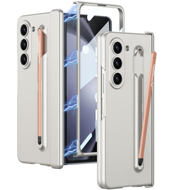 Case Cover With Magnetic Hinge Cover Front Glass Protector Pen Free For Samsung Galaxy Z Fold5 Galaxy Fold 5 Case Cover Cream Polycarbonate Gold Featured