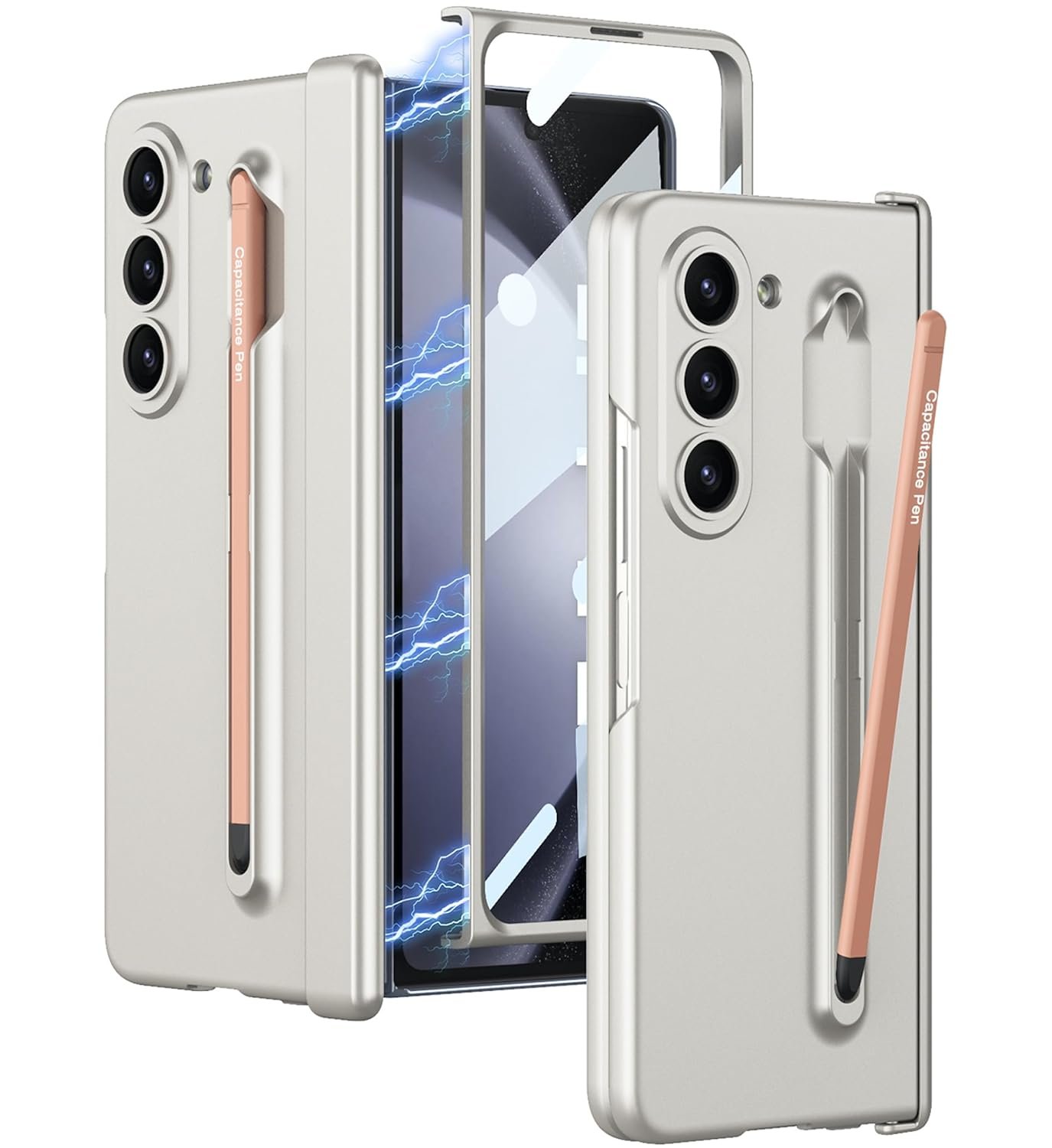 Case Cover With Magnetic Hinge Cover Front Glass Protector Pen Free For Samsung Galaxy Z Fold5 Galaxy Fold 5 Case Cover Cream Polycarbonate Gold Featured