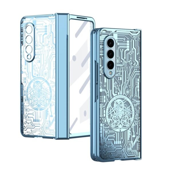 Case For Samsung Galaxy Z Fold 4 5g Mechanical Gear Pattern Hinge Protection Clear Plating Pc Cover With Screen Protector Full Protection Blue Gallery 1