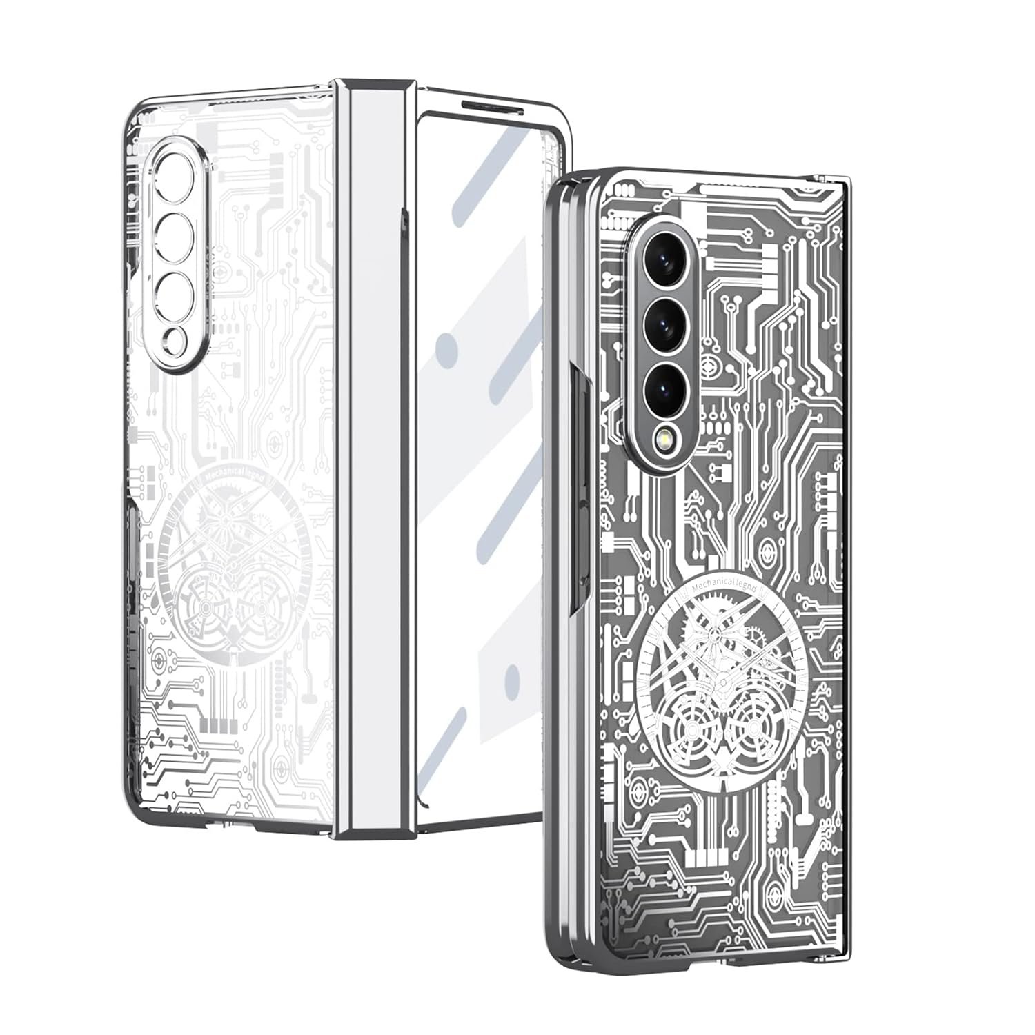 Case For Samsung Galaxy Z Fold 4 5g Mechanical Gear Pattern Hinge Protection Clear Plating Pc Cover With Screen Protector Full Protection Silver Featured