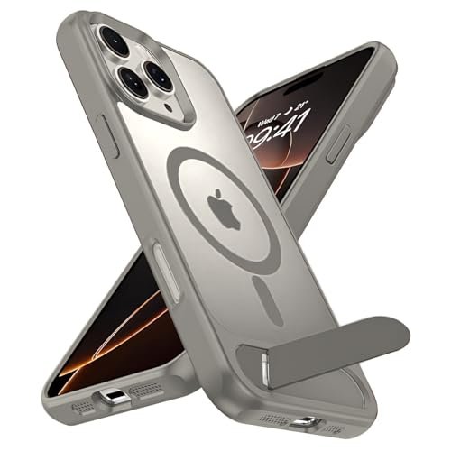 Elzzi Magnetic Cover Compatible For Iphone 15 Pro Max Case With Adjustable Metal Kickstand Compatible With Mag Safe Translucent Matte Shockproof Protective Phone Case Natural Titanium Featured