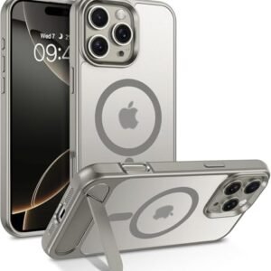Elzzi Magnetic Cover Compatible For Iphone 16 Pro Max Case With Adjustable Metal Kickstand Compatible With Mag Safe Translucent Matte Shockproof Protective Phone Case Natural Titanium Featured