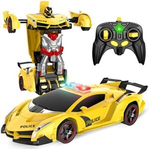 Febyhim Remote Control Car Transform Robot Rc Car With One Button Transforming 360 Degree Rotation Drifting 118 Scale Police Car Ideal Xmas And Birthday Gift Toys For 5 Year Old Boys Girls Yellow Featured