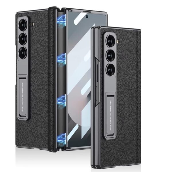 Flex Armor Ultra Hybrid Luxury Leather Case For Samsung Galaxy Z Fold 6 Case With Kickstand Includes Free Tempered Glass Screen Protector Comfortable Grip Scratch Resistant Black Gallery 2