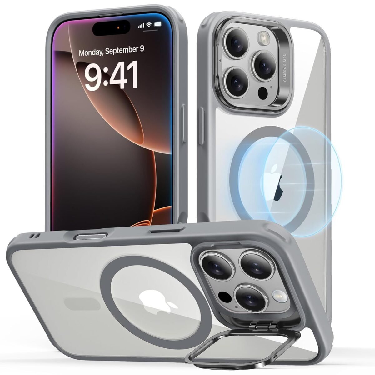 For Iphone 16 Pro Case Compatible With Magsafe Military Grade Protective Case Tpu Built In Stash Stand Phone Case Scratch Resistant Back Cover Classic Series Clear Grey Gallery 7