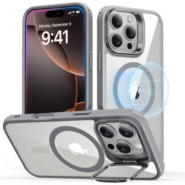 For Iphone 16 Pro Case Compatible With Magsafe Military Grade Protective Case Tpu Built In Stash Stand Phone Case Scratch Resistant Back Cover Classic Series Clear Grey Gallery 7