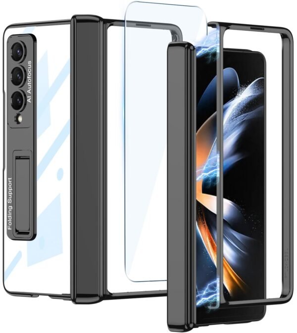 For Samsung Galaxy Z Fold 4 5g Clear Case With Magnetic Hinge Protection And Adjustable Kickstand Screen Protector Transparent Electroplating Magnetic Shockproof Cover For Z Fold 4 Black Gallery 6