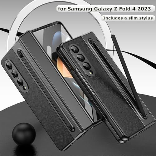 For Samsung Galaxy Z Fold 4 Case With S Pen Holder Slim Stylus Premium Leather Z Fold 4 Pen Holder Case With Hinge Protection Full Coverage Screen Protector Slim Cover For Z Fold 4 Black Featured