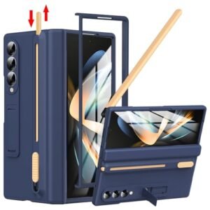For Samsung Galaxy Z Fold 4 Case With S Pen Holder Slim Stylus Z Fold 4 Pen Holder Case With Kickstand Z Fold 4 Hinge Cover Full Coverage Screen Protector Stand Case For Z Fold 4 Dark Blue Featured