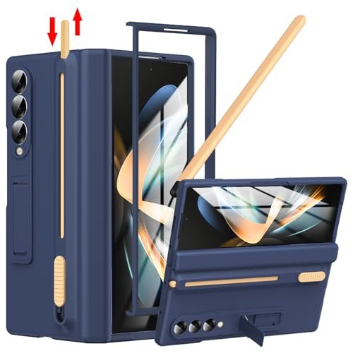 For Samsung Galaxy Z Fold 4 Case With S Pen Holder Slim Stylus Z Fold 4 Pen Holder Case With Kickstand Z Fold 4 Hinge Cover Full Coverage Screen Protector Stand Case For Z Fold 4 Dark Blue Featured
