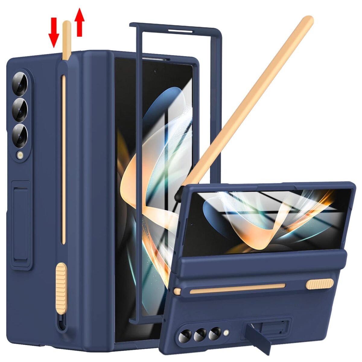 For Samsung Galaxy Z Fold 4 Case With S Pen Holder Slim Stylus Z Fold 4 Pen Holder Case With Kickstand Z Fold 4 Hinge Cover Full Coverage Screen Protector Stand Case For Z Fold 4 Dark Blue Gallery 6