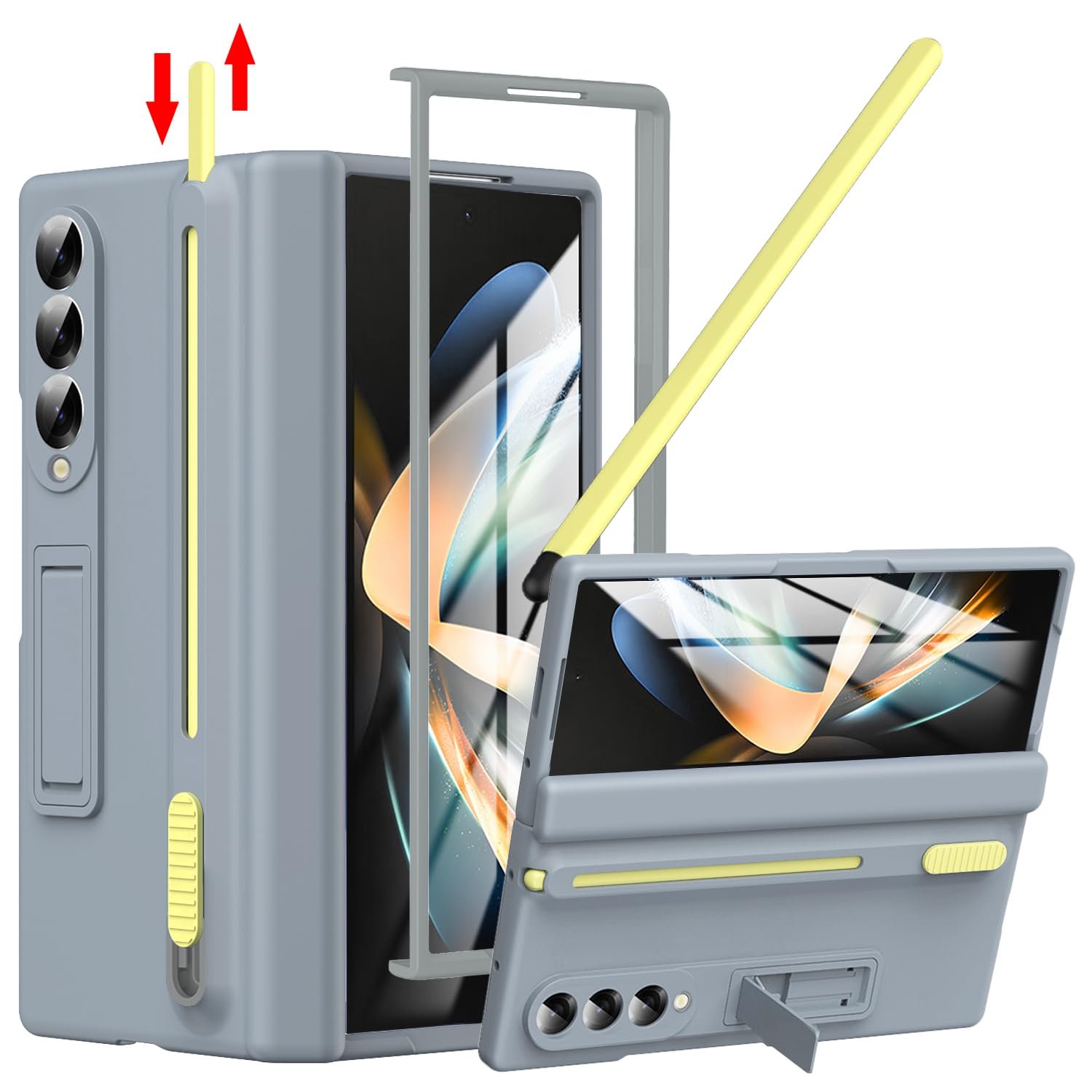 For Samsung Galaxy Z Fold 4 Case With S Pen Holder Slim Stylus Z Fold 4 Pen Holder Case With Kickstand Z Fold 4 Hinge Cover Full Coverage Screen Protector Stand Case For Z Fold 4 Grey Featured