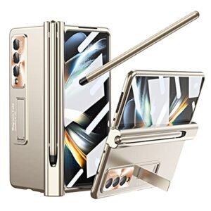 For Samsung Galaxy Z Fold 4 Case With S Pen Pen Holder Hinge Protection Built In Screen Protector Kickstand Feature All Inclusive Slim Pc Phone Case Cover For Z Fold 4 2022 Gold Featured