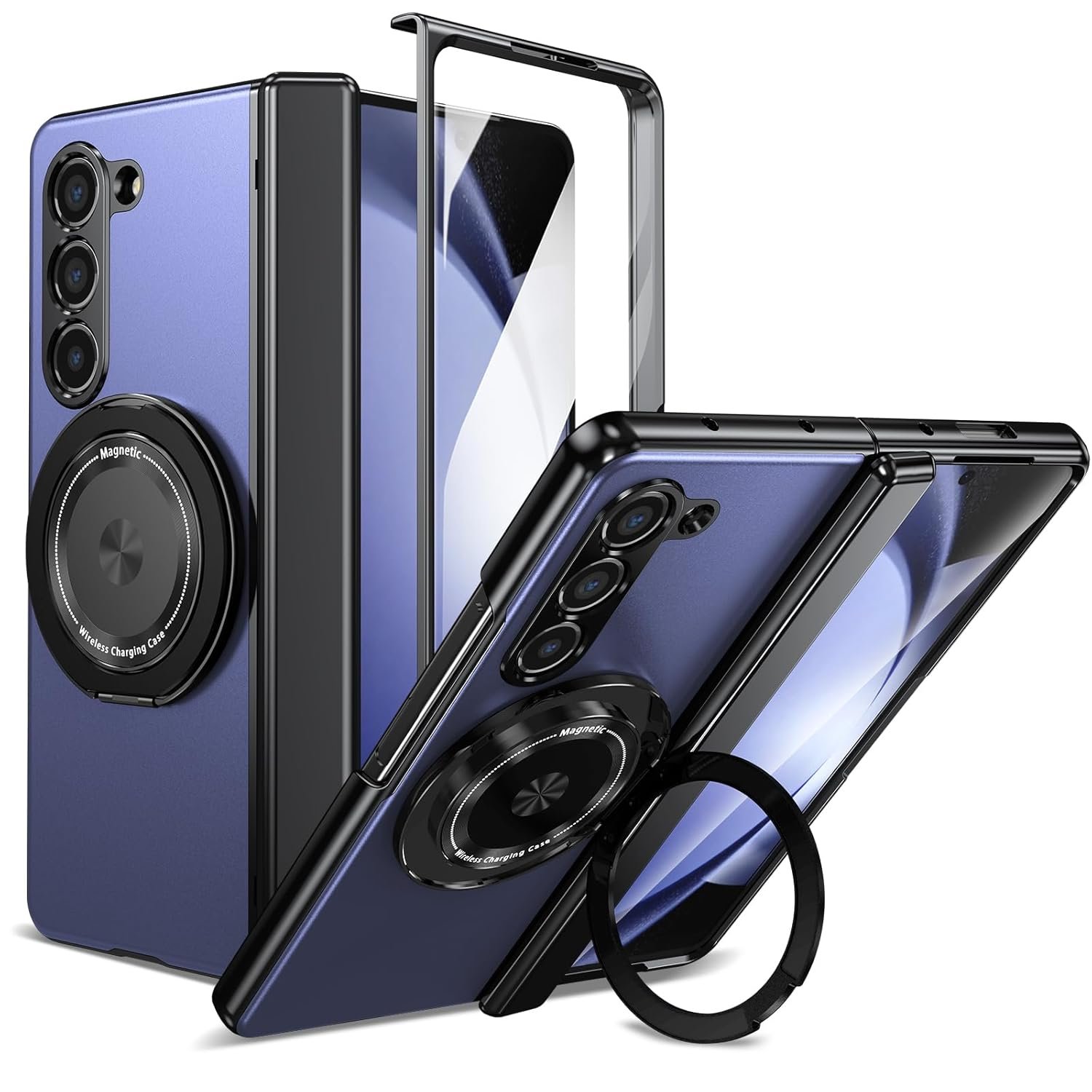 For Samsung Galaxy Z Fold 4 Magnetic Case 360 Rotating Magnetic Ring Holder Z Fold 4 Case Kickstand Hinge Protection Supports Wireless Charging Protective Cover Case For Z Fold 4 Blue Gallery 1