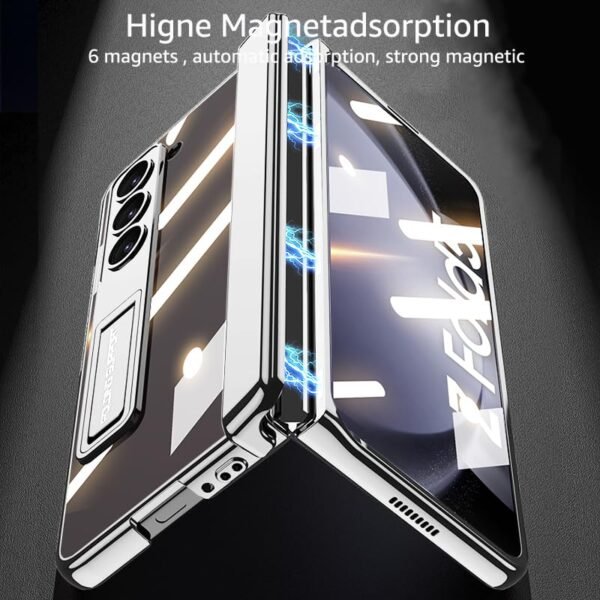 For Samsung Galaxy Z Fold 5 5g Clear Case With Magnetic Hinge Protection And Adjustable Kickstand Screen Protector Transparent Electroplating Magnetic Shockproof Cover For Z Fold 5silver Featured