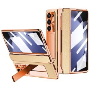 For Samsung Galaxy Z Fold 5 Case With Flat Hinge Protection One Piece Design Z Fold 5 Case Built In Screen Protector Kickstand Luxury Leather Slim All Inclusive Phone Case For Z Fold 5 Gold Featured