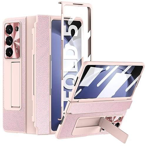 For Samsung Galaxy Z Fold 5 Case With Flat Hinge Protection One Piece Z Fold 5 Case Built In Screen Protector Kickstand Luxury Leather Slim All Inclusive Phone Case For Z Fold 5 Light Pink Featured