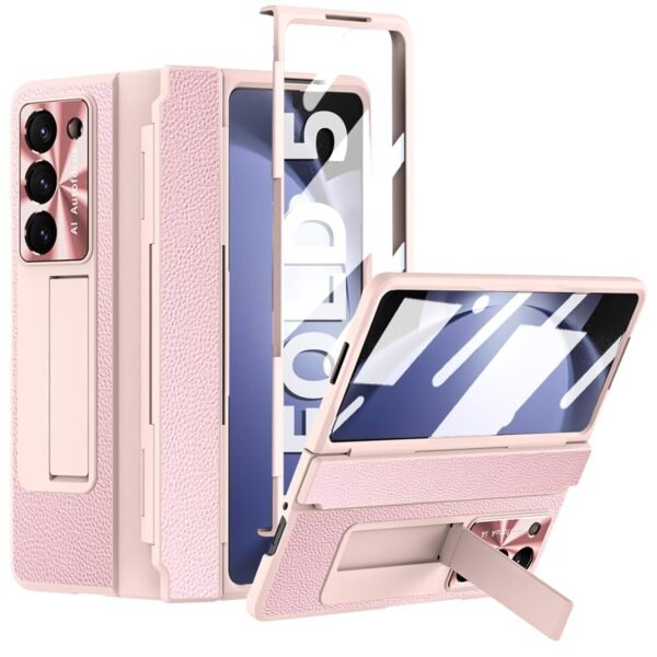 For Samsung Galaxy Z Fold 5 Case With Flat Hinge Protection One Piece Z Fold 5 Case Built In Screen Protector Kickstand Luxury Leather Slim All Inclusive Phone Case For Z Fold 5 Light Pink Gallery 4