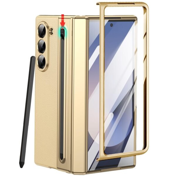 For Samsung Galaxy Z Fold 5 Case With S Pen Holder Slim Stylus Premium Leather Z Fold 5 Pen Holder Case With Hinge Protection Full Coverage Screen Protector Slim Case For Z Fold 5 Gold Gallery 7