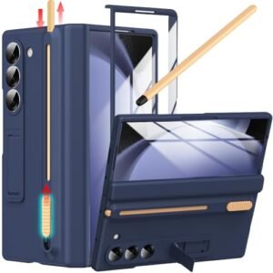 For Samsung Galaxy Z Fold 5 Case With S Pen Holder Slim Stylus Z Fold 5 Pen Holder Case With Kickstand Z Fold 5 Hinge Cover Full Coverage Screen Protector Stand Case For Z Fold 5 Dark Blue Gallery 1