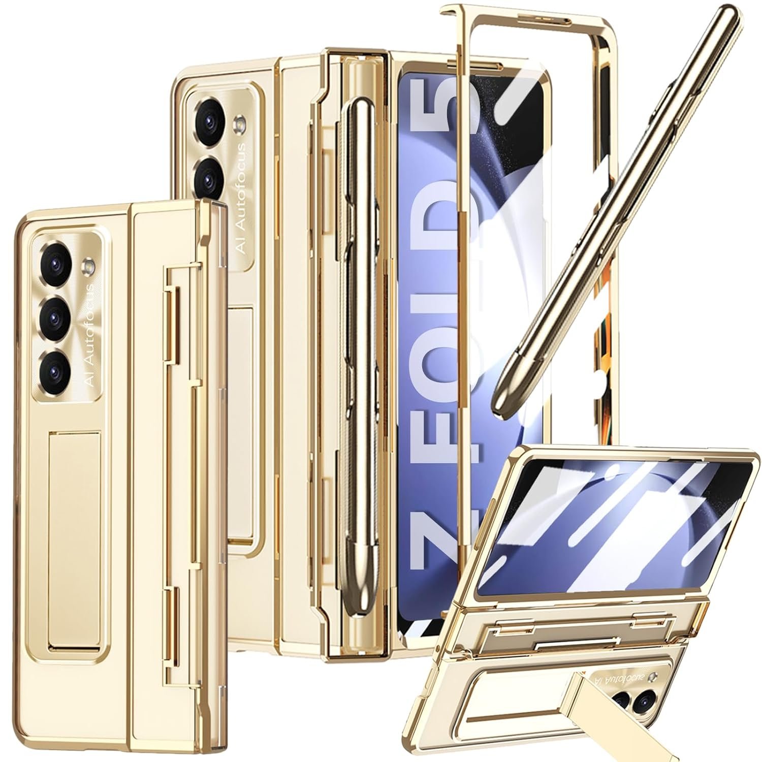 For Samsung Galaxy Z Fold 5 Clear Case With S Pen Pen Holder One Piece Hinge Protection Slim Pc Z Fold 5 5g Phone Kickstand Case Gold Featured