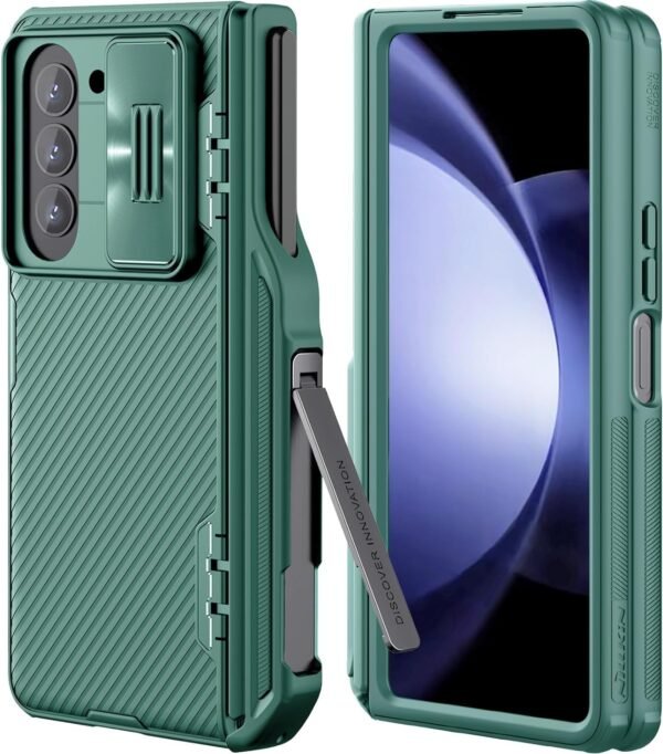 For Samsung Galaxy Z Fold 5 Slim S Pen Case With Slide Camera Cover Hinge Protection Metal Kickstand Wireless Charging Thin And Slim Protective Phone Case For Fold 5 5g 2023 Green Gallery 5