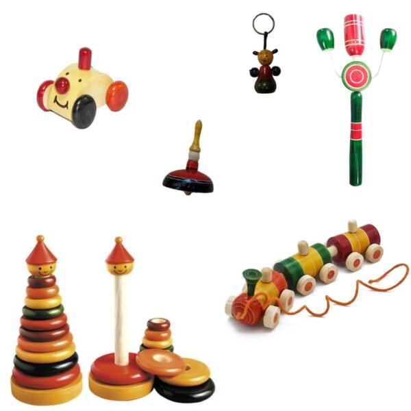 Funwood Games Wooden Toys Set 6 Pieces Ring Stacker Pull Along Train Spinning Top And More Multicolour Free Keychain Gallery 7
