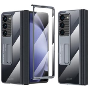 Gaffar India Automatic Hinge Protection Cover Compatible With Samsung Galaxy Z Fold 5 With Front Tempered Glass Cover Built In Kickstand Electroplated Case Transparent Black Featured