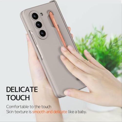 Gaffar India Contrast Magnetic Hinge Case For Samsung Galaxy Z Fold 6 Inbuilt S Pen Holder Stand Hybrid Back Cover Titanium With Orange Pen Featured