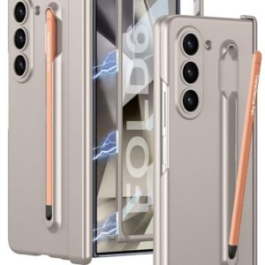 Gaffar India Contrast Magnetic Hinge Case For Samsung Galaxy Z Fold 6 Inbuilt S Pen Holder Stand Hybrid Back Cover Titanium With Orange Pen Gallery 1