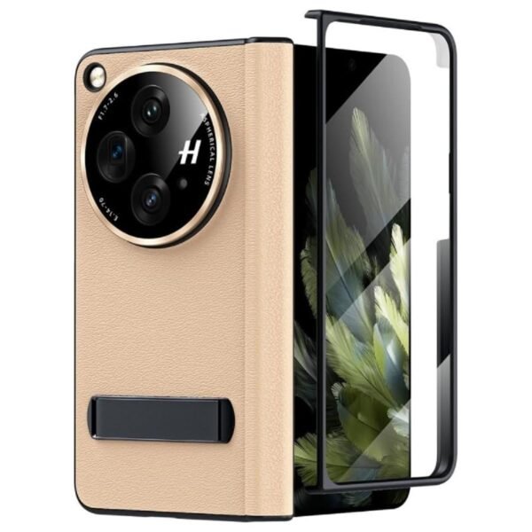 Gaffar India Leather Cover With Hinge Protection Compatible With Oneplus Open Oppo Find N3 Release 2023 Hard Pc With Front Tempered Glass Case Built In Kickstand Protective Gold Gallery 7