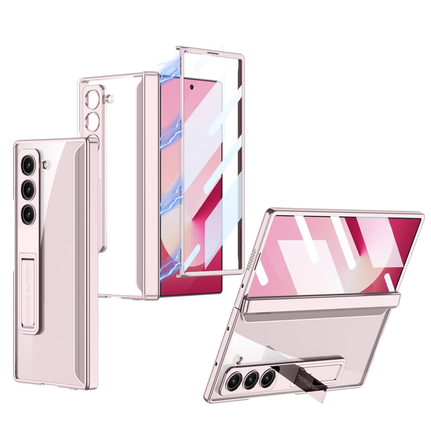 Gaffar India Magnetic Hinge Protection Case Compatible With Samsung Galaxy Z Fold 6 Release 2024 With Front Glass Cover Kickstand Electroplated Camera Protection Transparent Pink Featured