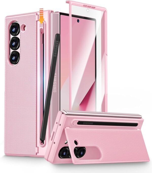 Gaffar India Textured Grip S Pen Holder Stand Back Cover For Samsung Galaxy Z Fold6 Fold 6 With Inbuilt Glass Kickstand S Pen Slot No Spen Included Back Case Pink Gallery 1